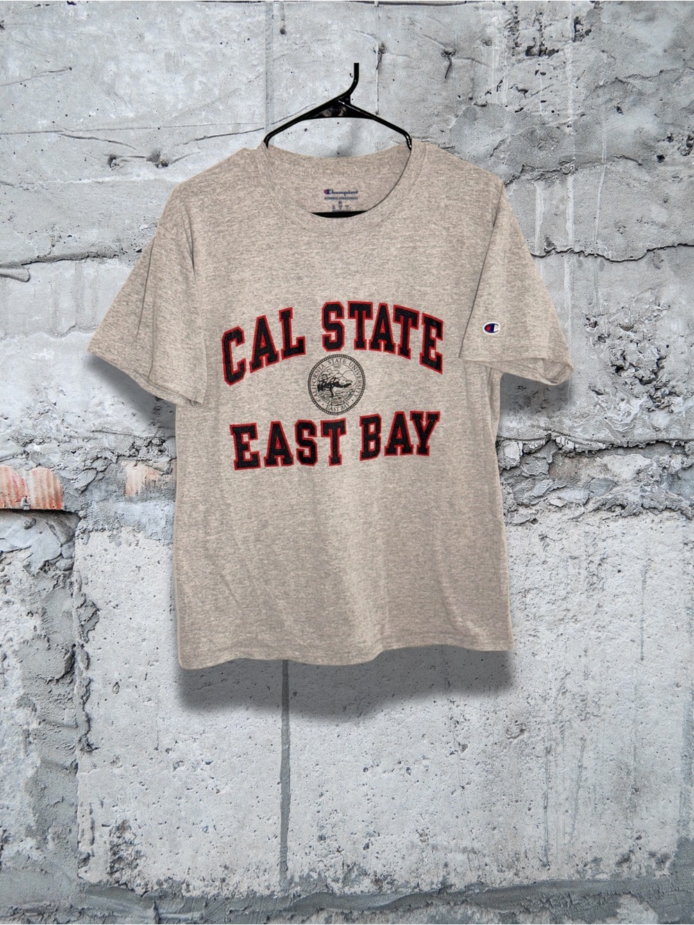 Champion Heather Grey Cal State East Bay Graphic Tee with Red Black Lettering
